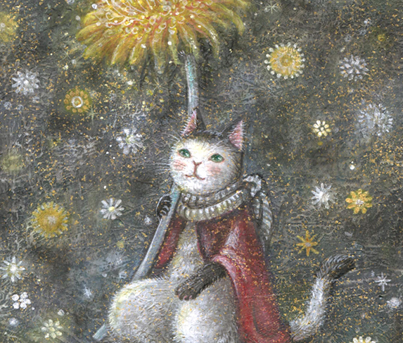 アクリル絵の具　イラスト　猫　かわいい　幻想　メルヘン　ファンタジー　魔法　絵本　羽　翼　光　灯り　